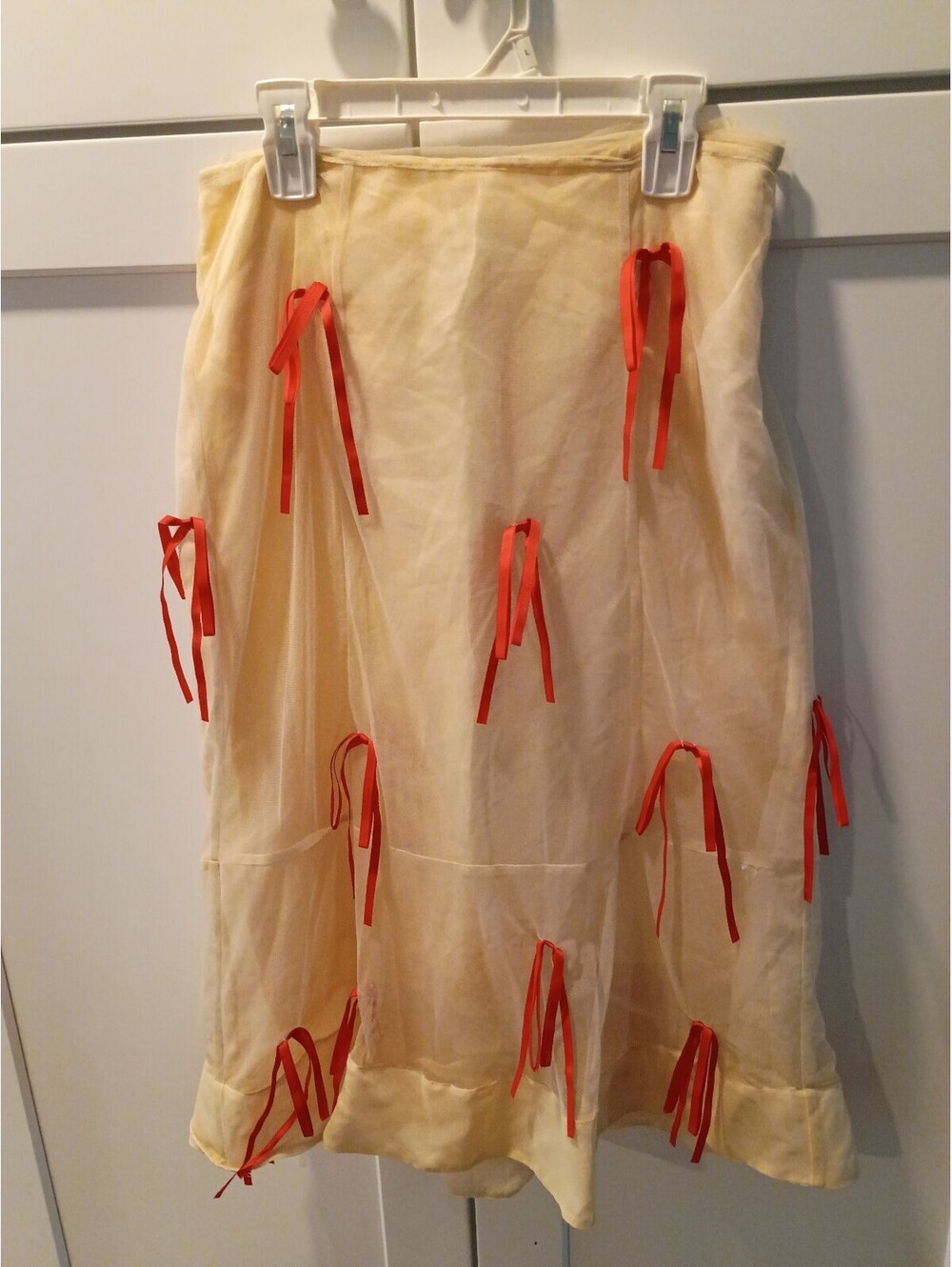 Maeve Beige Mesh Skirt with Red Ribbon Accents, Size US 2P